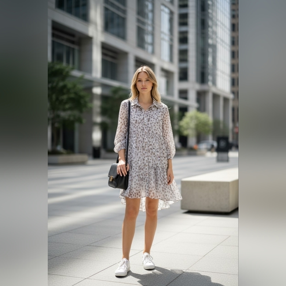 Women's Umgee Gray Brown Leopard Print Long Sleeve shirt Dress M